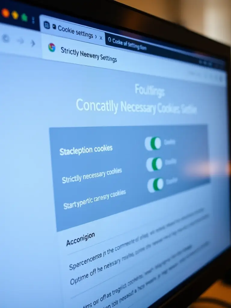 A close-up shot of a computer screen displaying a website's cookie settings panel, highlighting the 'Strictly Necessary Cookies' category with a brief explanation of their function in maintaining website security and core functionality.