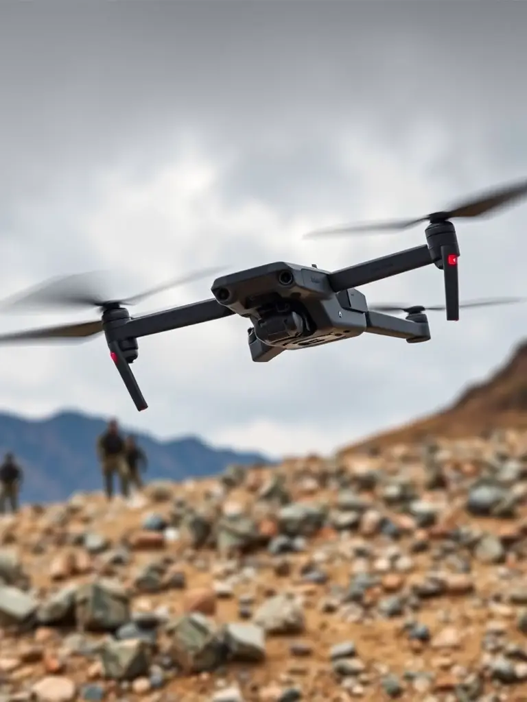 A high-resolution image depicting an Eleventen tactical drone in a military training exercise, showcasing its agility and stealth capabilities in a simulated combat environment.