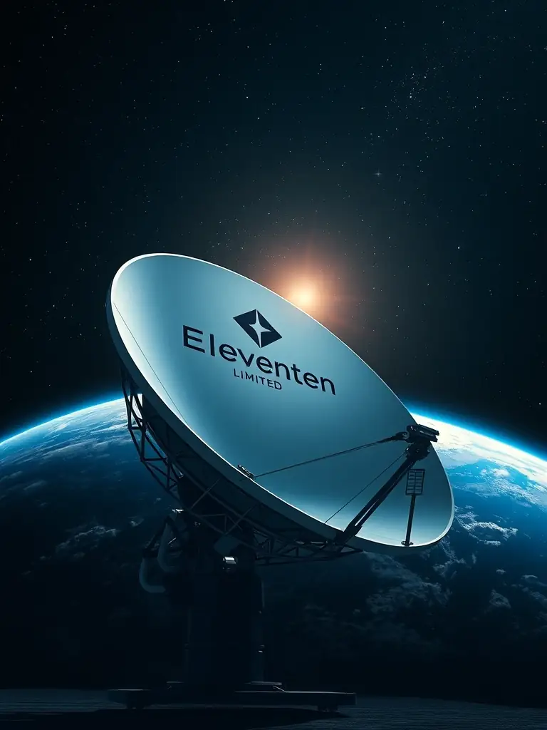 A satellite dish with the Eleventen Limited logo, pointed towards the sky, with a backdrop of Earth from space, emphasizing global connectivity.