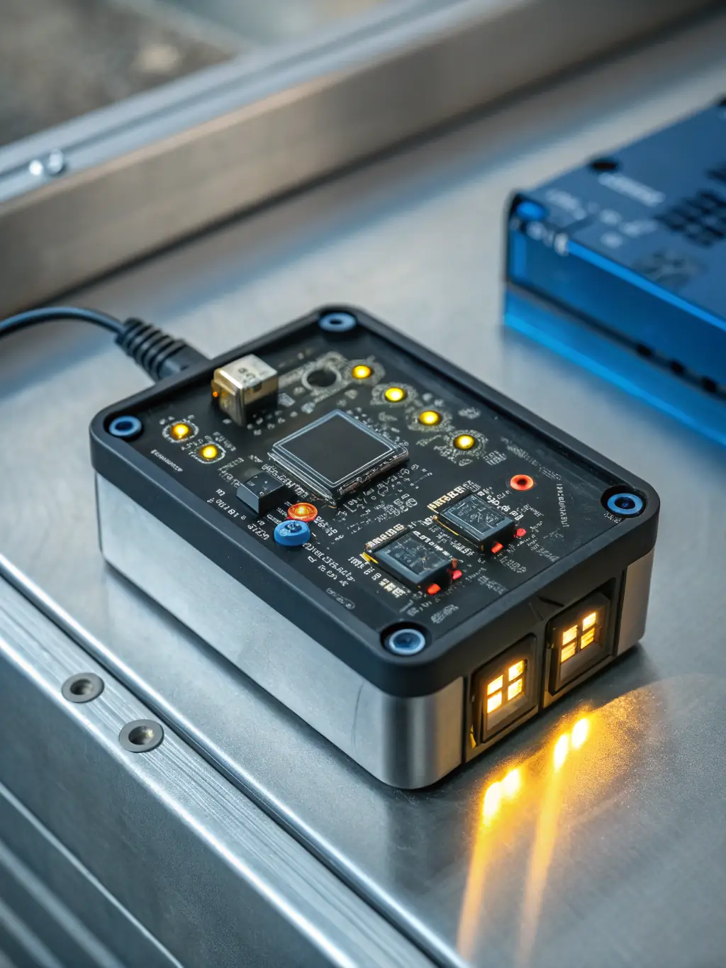 An image of an Eleventen Limited smart sensor deployed in an industrial setting, monitoring environmental conditions with precision, with data visualizations overlaid on the scene.