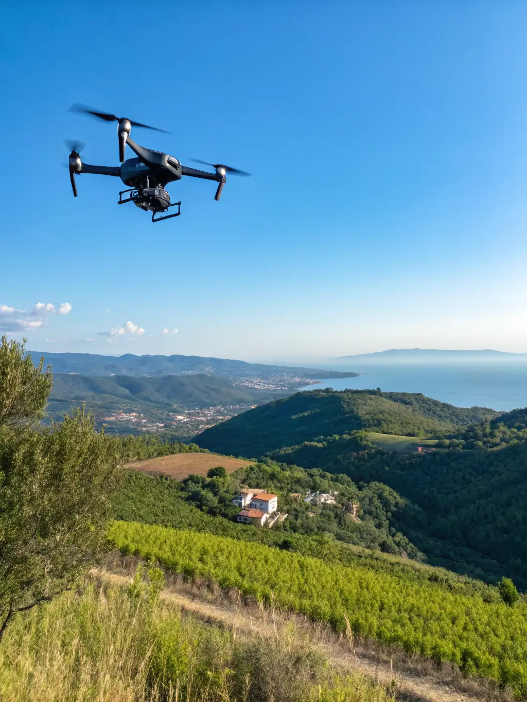 An Eleventen Limited AI-powered drone in flight, capturing high-resolution aerial imagery, with a focus on its advanced camera and stabilization system.