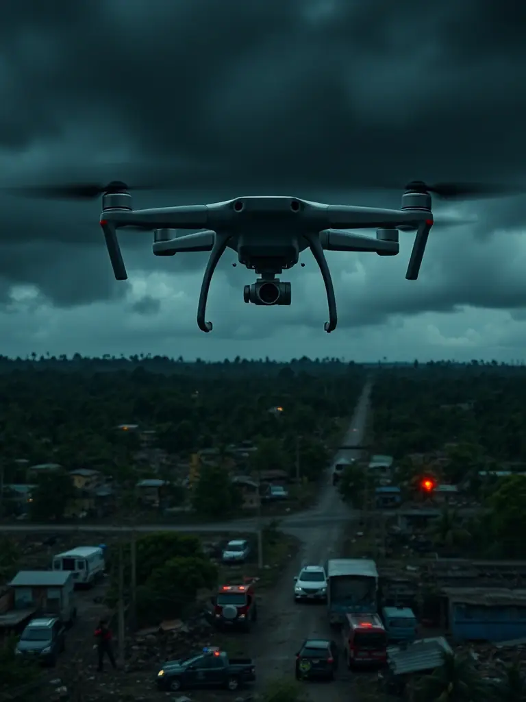 An image of Eleventen's search-and-rescue drone flying over a disaster area, equipped with thermal imaging and communication systems.