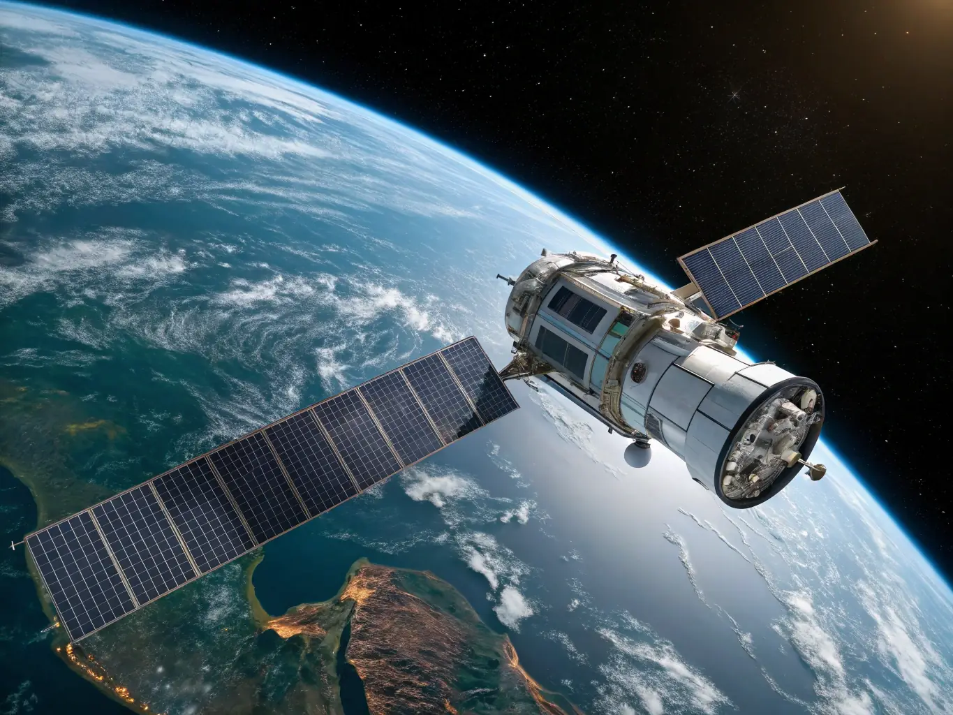 A satellite orbiting Earth, transmitting data and providing global communication services.