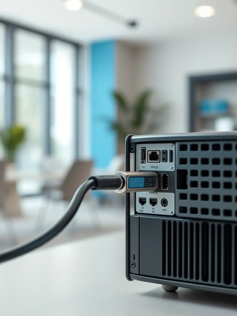 A close-up shot of a high-performance Eleventen Limited communication module, showcasing its compact design and advanced connectivity ports, set against a blurred background of a modern office environment.