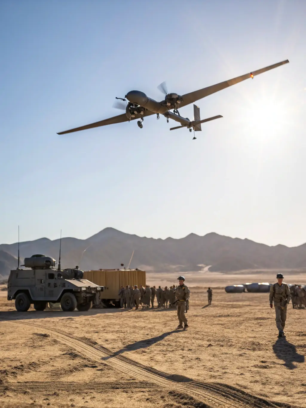 A high-resolution image of Eleventen's tactical drone in a desert environment, showcasing its rugged design and advanced sensors.