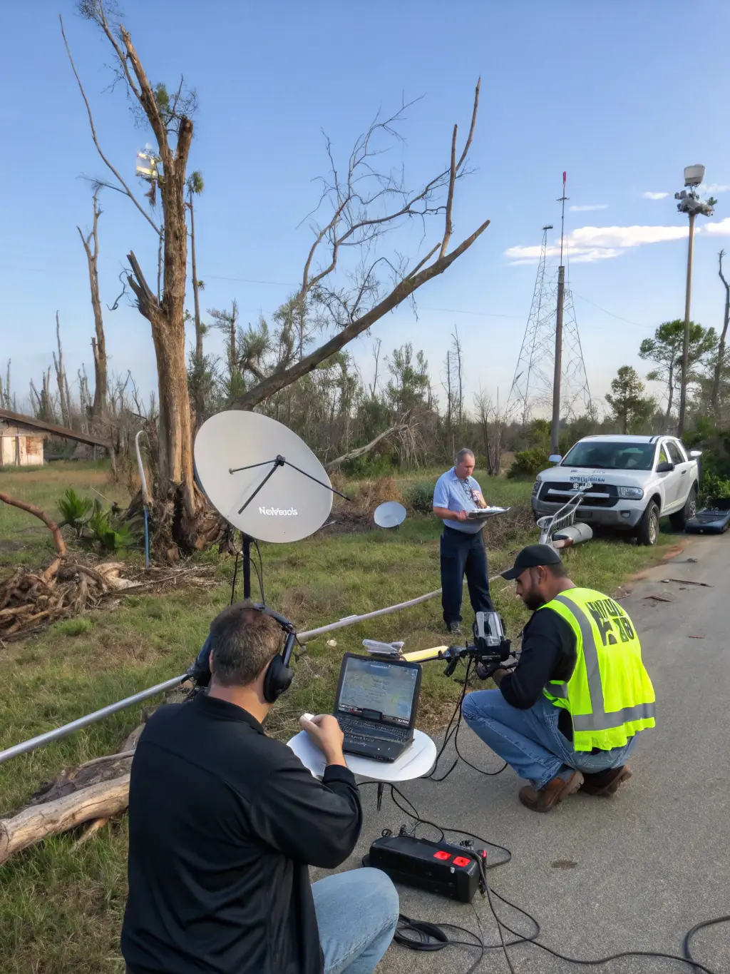A high-resolution image depicting Eleventen's AI-powered communication system being used in a disaster relief scenario, showing seamless connectivity and coordination among rescue teams.