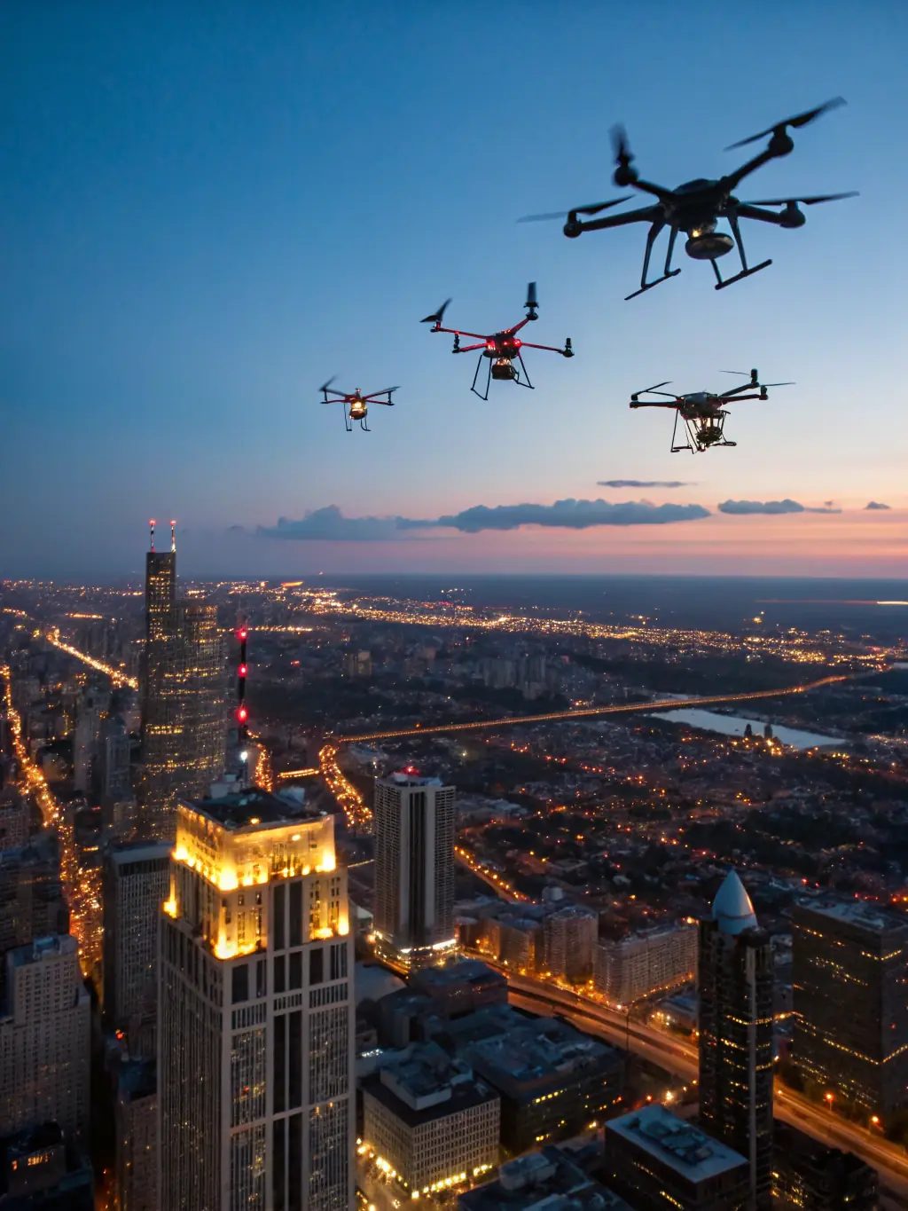An image of Eleventen's AI-driven drone hovering over a cityscape, highlighting its autonomous navigation and data processing capabilities.
